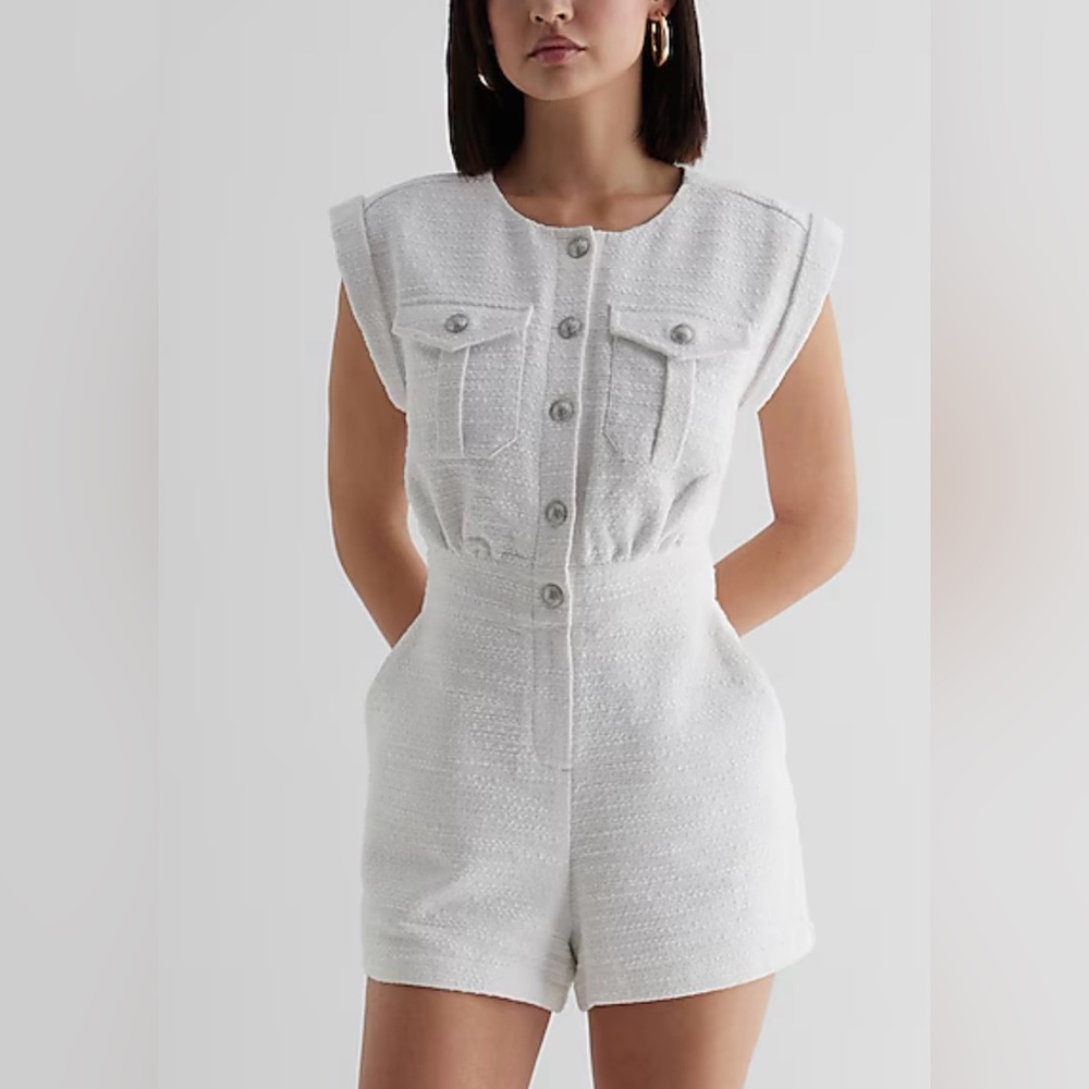 Express White Buttoned Tweed Romper with pockets